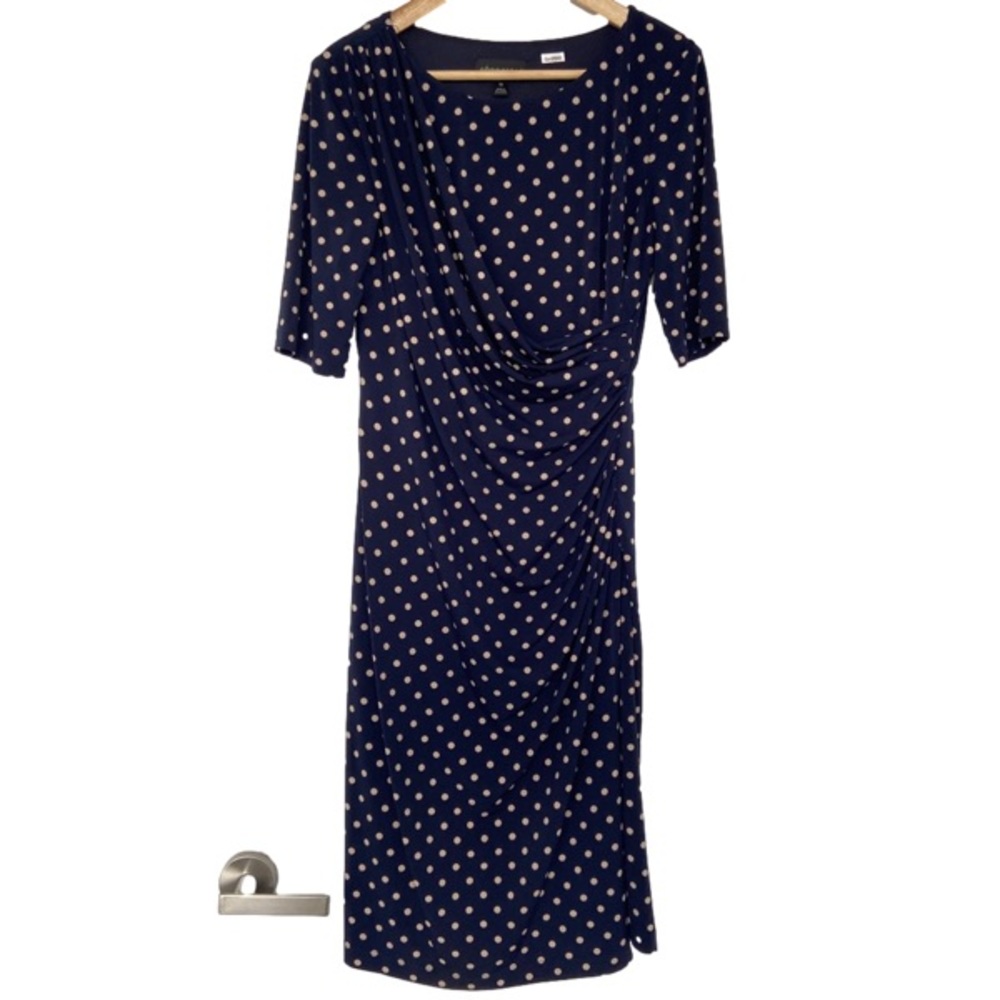 CONNECTED APPAREL NAVY/CREAM POLKA DOT WRAP STYLE JERSEY DRESS, SIZE 10